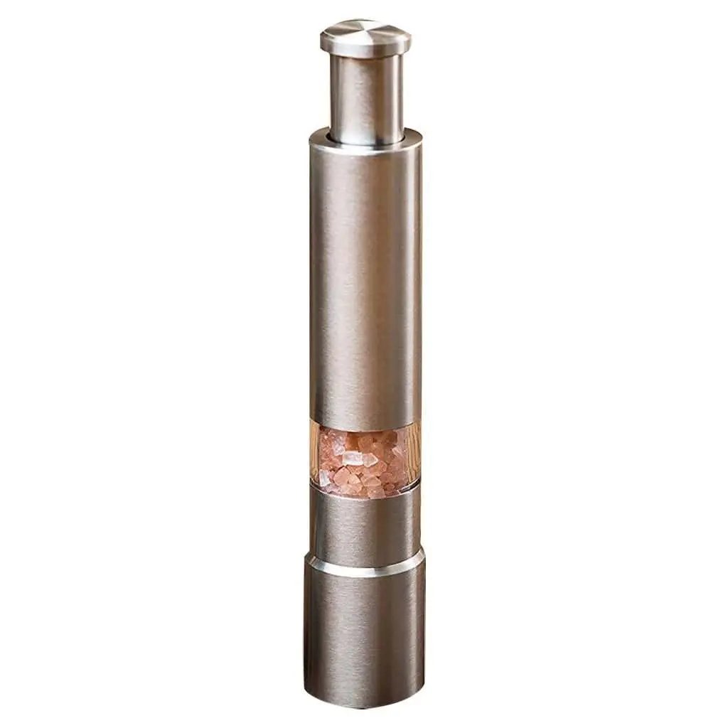 Premium stainless steel salt and pepper grinder with one-handed press operation and clear spice chamber