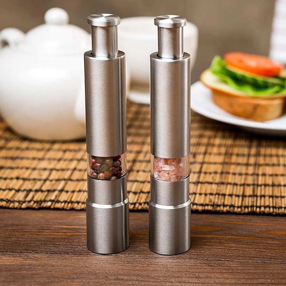 Premium stainless steel salt and pepper grinders with one-handed operation for spices